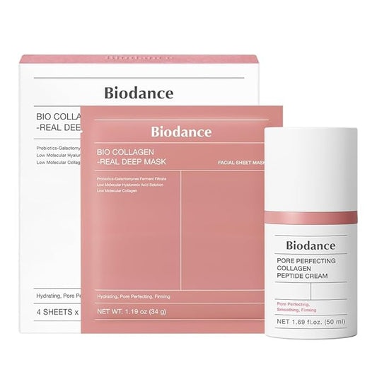 BIODANCE Collagen Glass Skin Duo: Collagen Real Deep Mask & Pore Perfecting Peptide Cream Bundle for Plumping Hydration, Firming, Korean Skincare Set, Daily Routine Kit, Pink Duo