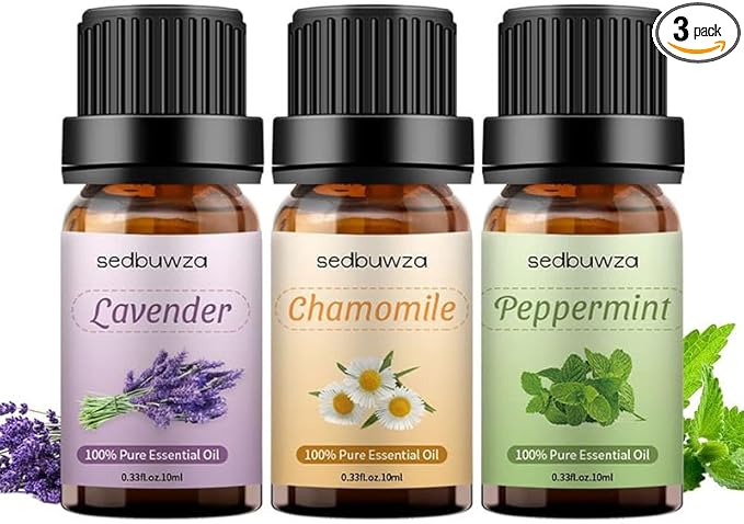 Sedbuwza 3 Pack Lavender Peppermint Chamomile Essential Oil 100% Pure and Natural Aromatherapy Gift Oils for Massage, Diffuser, Soaps, Candle