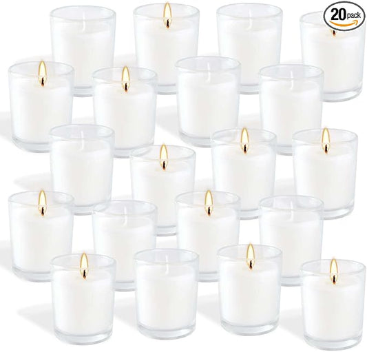 20 Pack White Unscented Glass Cup Candles - 15-20 Hour Burn Time, Soy Wax, Minimalist Style for Home Decor, Weddings, Parties & Special Occasions.