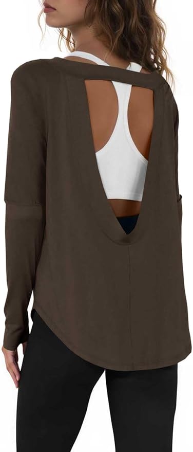 Tankaneo Womens Open Back Workout Shirts Casual Long Sleeve Boat Neck Tops Athletic Gym Yoga Tees with Thumb Holes