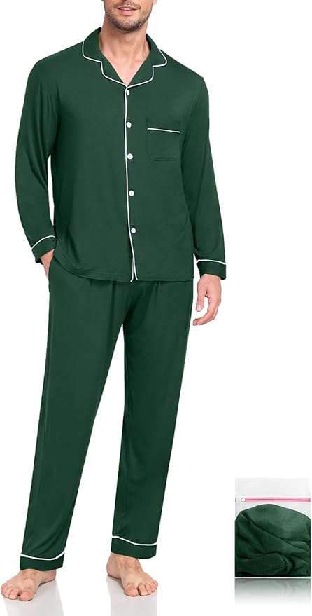 Men Modal Pajama Set Long Sleeve Pjs Button Down Sleepwear Soft Comfy Loungewear Sets 2 Piece Nightwear S-3XL