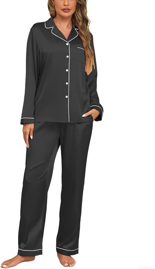 Veseacky Womens Satin Pajama Set Silk Pjs Button Down Long Sleeve Sleepwear Loungewear Sleepwear 2 Piece Pjs Set S-XXL