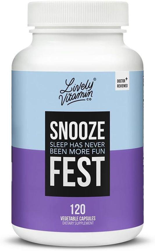 LIVELY VITAMIN CO Snooze Fest - Full REM Cycles - Balanced Sleep - Relax Body & Mind - Rest & Recovery - GABA - Chamomile - Melatonin - Tryptophan - Valerian Root - Lemon Balm - Poppy - 120 Count