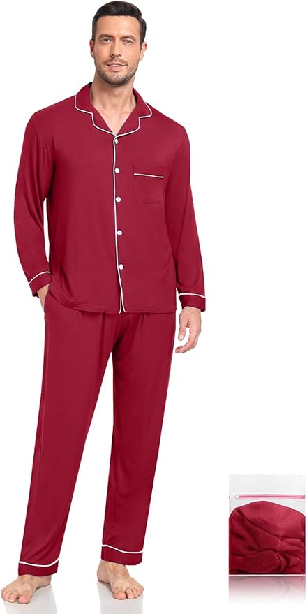 Men Modal Pajama Set Long Sleeve Pjs Button Down Sleepwear Soft Comfy Loungewear Sets 2 Piece Nightwear S-3XL