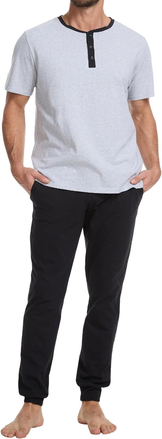Men's Pajama Set with Henley Neckline 100% Cotton Soft and Comfortable Nightwear 2-Piece Lounge Set