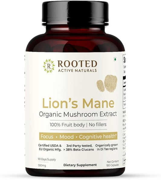 ROOTED Active's, Lions Mane Mushroom Extract Capsules (Certified Organic, 38% verfied Beta Glucans| Cognition, Clarity, Focus & Mood, Brain Health Support (180 Veg Caps)