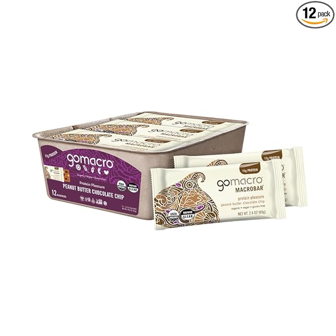 GoMacro MacroBar Organic Vegan Protein Bars - Peanut Butter Chocolate Chip (2.4 Ounce Bars, 12 Count)