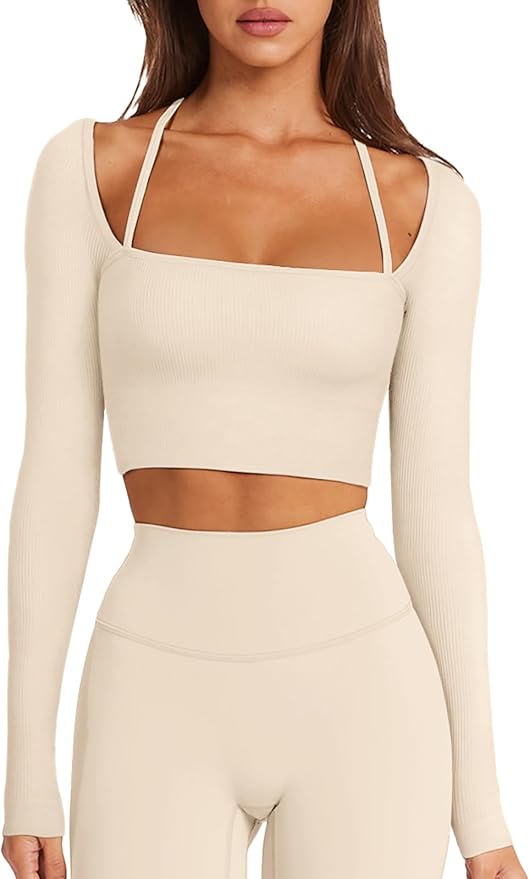 LASLULU Womens Sexy Square Neck Crop Top Ribbed Seamless Long Sleeve Workout Tops Halter Neck Athletic Yoga