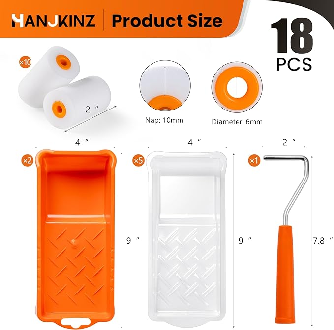 Foam Paint Roller, 18 Pcs 2 Inch Small Paint Roller Kit with 10 Pack High-Density Foam Paint Roller, Paint Tray and Liner, Mini Paint Roller for Painting Wall, Door, Cabinet, Furniture