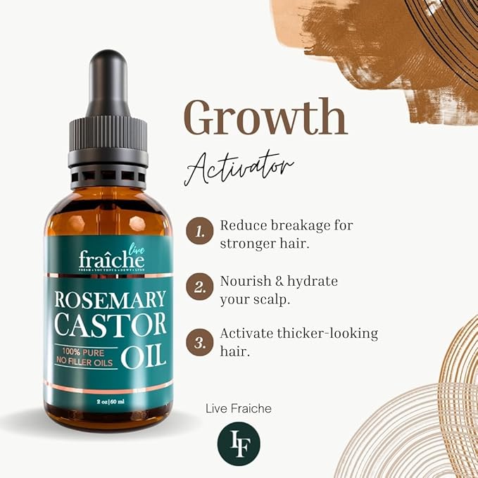 Live Fraiche Rosemary Castor Oil for Hair Growth 4 Ounce - Cold Pressed Castor Oil and Rosemary Oil for Damaged Hair to Reduce Hair Loss