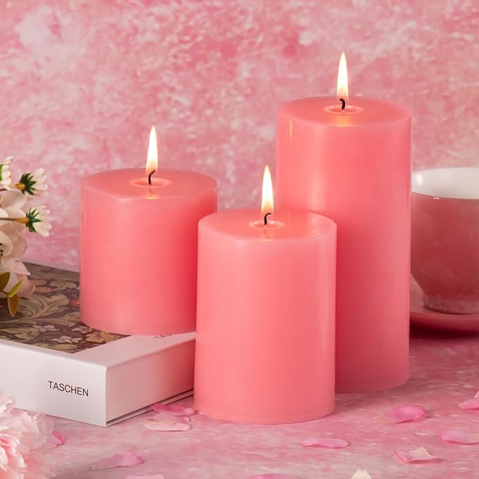 KONNI Pink Pillar Candles Set of 3, 3"x 4" Unscented Pillar Candles Bulk, 39 Hours Long Burning Candles, Smokeless&Dripless Large Round Candle for Wedding, Home Decoration, Parties, Spas, Dinner