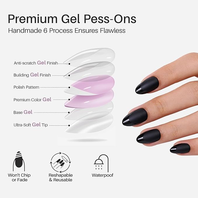 Soft Gel Black Press on Nails Almond - Short Nails with Glossy French Tips in a Matte Finish, Stick on Nails with Glue in 16 Sizes - 32 Reusable Fake Nails for Women, Matte Black