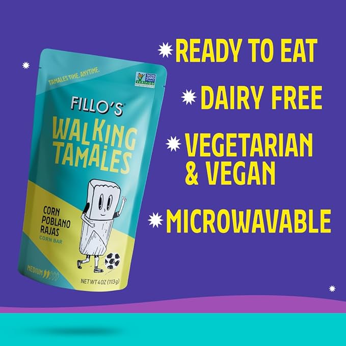 Fillo's Walking Tamales Corn Poblano Rajas, Pk of 7, Ready-to-Eat, Delicious, Gluten-Free, Preservative-Free, Vegan Friendly, Microwavable, Non-GMO