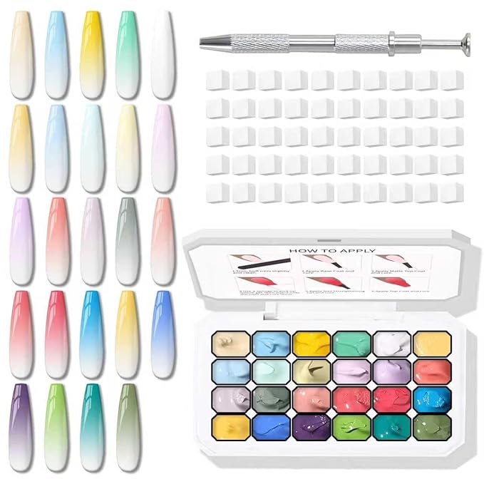 Sponges Pat Gel Nail Polish Palette, 24 Colors Blending Ombre Gel Polish Patting Gradient Painting Nails Art, No Wipe, UV/LED Cured, 100Sponges 1Grabber (Set A)
