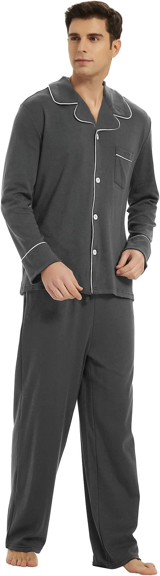 U2SKIIN Mens Cotton Pajama Set, Soft Long Sleeve Pajamas for men Lightweight Button Up Sleepwear Lounge Pjs Set with Pockets