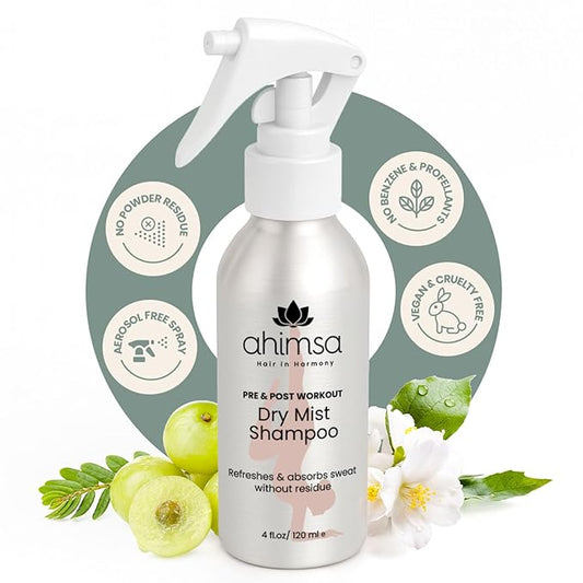 Ahimsa Non Aerosol Dry Shampoo Mist Spray 120ml - Post Workout Dry Shampoo Spray for Women Natural No White Residue, Volumizing Refreshing Hair Care, Effectively Absorbs Oil and Sweat, Jasmine Aroma