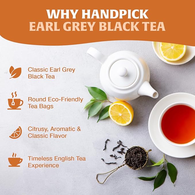 HANDPICK, Earl Grey Black Tea Bags (100 Count) Bergamot Oil | Caffeinated, Earl Grey Tea Bags | Flavoured With Citrus and Bergamot Brew Hot/Iced Tea with or without milk