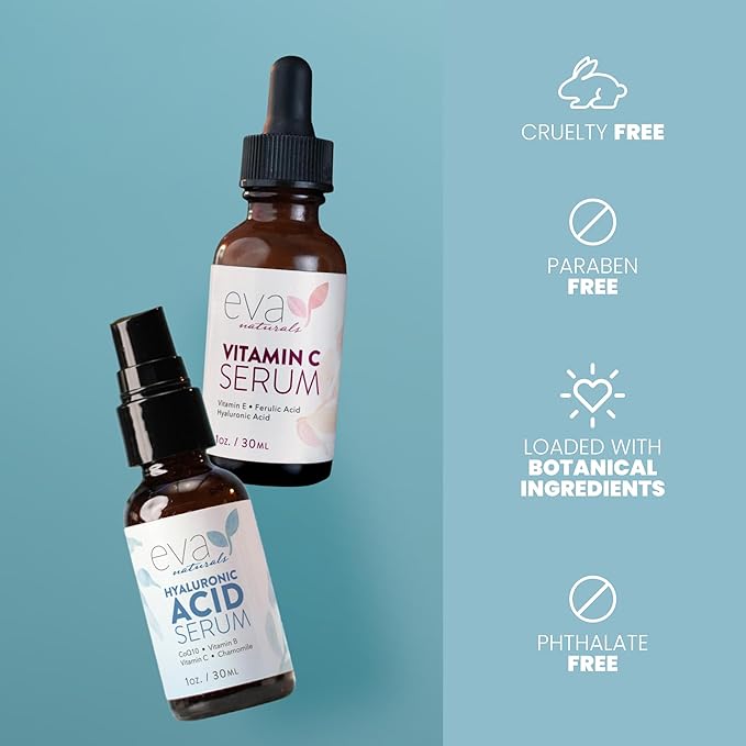 Eva Naturals Hydrate & Brighten Serum Set – Vitamin C with Ferulic Acid & Vitamin E + Hyaluronic Acid for Face, Dark Spots, Wrinkles, Uneven Tone, Anti-Aging Skincare Bundle for Radiance & Moisture