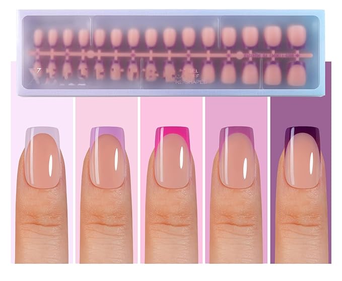 Misssix XBASICTIPS Purple French Tip Press On Nails, 150Pcs French Gel Nail Tips Short Square, Soft Gel Pre-shaped No Need to File 3 in 1 Tips, Fake Nails for Nail Art DIY Extension Designs 15 Sizes