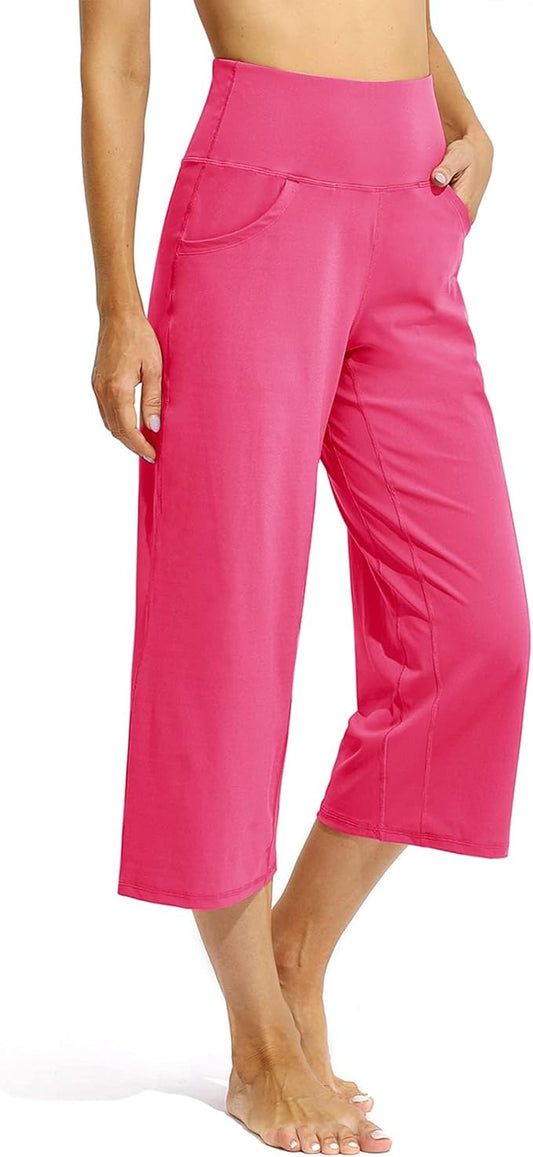 Promover Capri Pants for Women Wide Leg Yoga Cropped Pants with Pockets Loose Casual Summer Pants