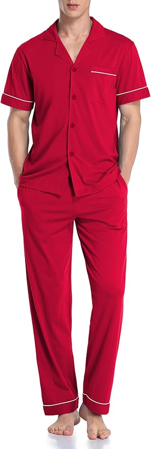 COLORFULLEAF Men's 100% Cotton Pajamas Set Button Down Sleepwear Short Sleeve and Long Pants Pjs