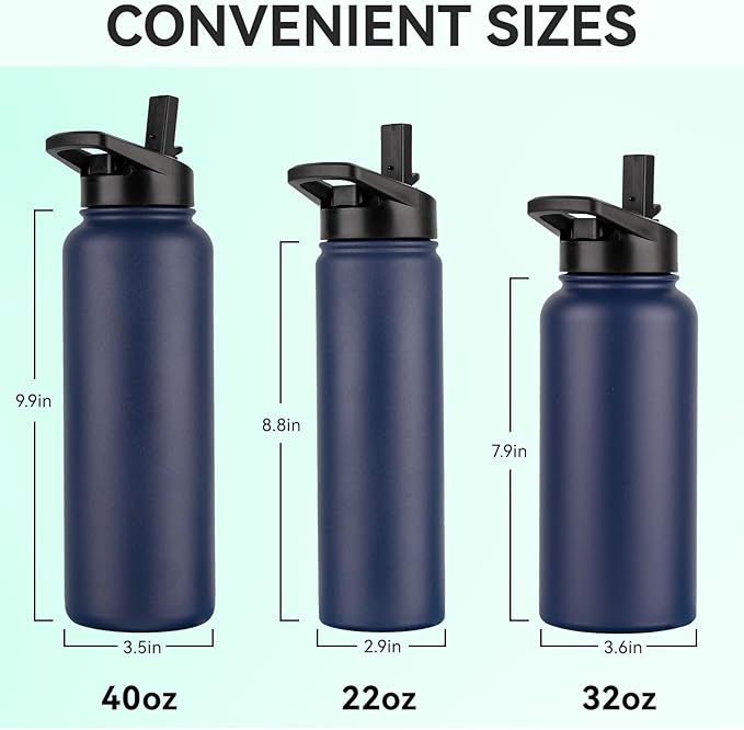 DOMICARE Insulated Water Bottle, 22 oz Vacuum Insulated Stainless Steel Reusable Sports Bottle with Straw Lid & Spout Lid for Travel, Camping, Bike, Leakproof, Navy Blue, 1 Pack