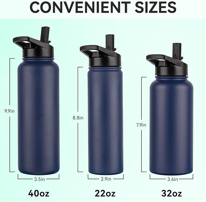 DOMICARE 32 oz Insulated Water Bottle Bulk, Vacuum Insulated Stainless Steel Sports Water Bottle with Straw Lid & Spout Lid, Leakproof, Reusable - Travel, Camping, Bike, Navy Blue (8 Pack)