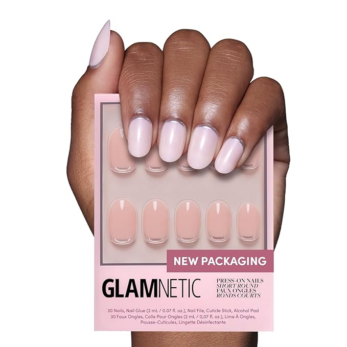 Glamnetic Press On Nails - Silver Belle | Short Round Natural Base Nails with 3D Silver Foil in a Glossy Finish | 12 Sizes - 30 Nail Kit with Glue