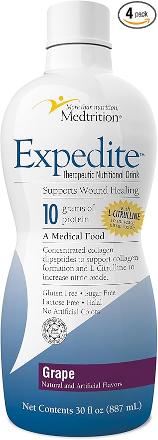 Medtrition Expedite Concentrated Collagen, Fast Track Wound Healing, 30X More Collagen Dipeptides Than Powder, Supports Foot Ulcers, Cosmetic Surgery, and More - Grape - 30 Fl Oz (Pack of 4)