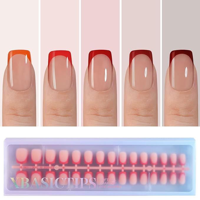 Misssix XBASICTIPS Red French Tip Press On Nails, 150Pcs French Gel Nail Tips Short Square, Soft Gel Pre-shaped No Need to File 3 in 1 Tips, Fake Nails for Nail Art DIY Extension Designs 15 Sizes
