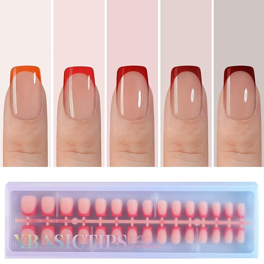 Misssix XBASICTIPS Red French Tip Press On Nails, 150Pcs French Gel Nail Tips Short Square, Soft Gel Pre-shaped No Need to File 3 in 1 Tips, Fake Nails for Nail Art DIY Extension Designs 15 Sizes
