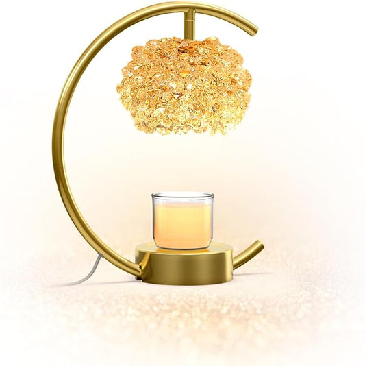 Bronze Candle Warmer Lamp for Jar Candles with Adjustable Brightness＆Timer，Handcrafted Crystal＆Wooden Base,Candle Lamp Luxurious Design+2Bulbs,Home Decoration Electric Candle lamp(C-Shaped)
