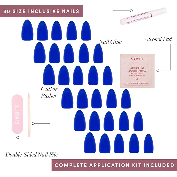Glamnetic Press On Nails - Cobalt Blue | Opaque Bright Vibrant Blue Short Almond Fake Nails, Salon Quality | 15 Sizes - 30 Nail Kit