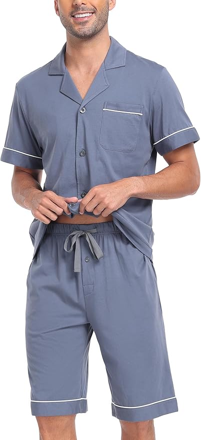 COLORFULLEAF Men's 100% Cotton Short Sleeve Pajama Sets Button Down Notched Collar Sleepwear Soft Lounge Pjs with Pockets