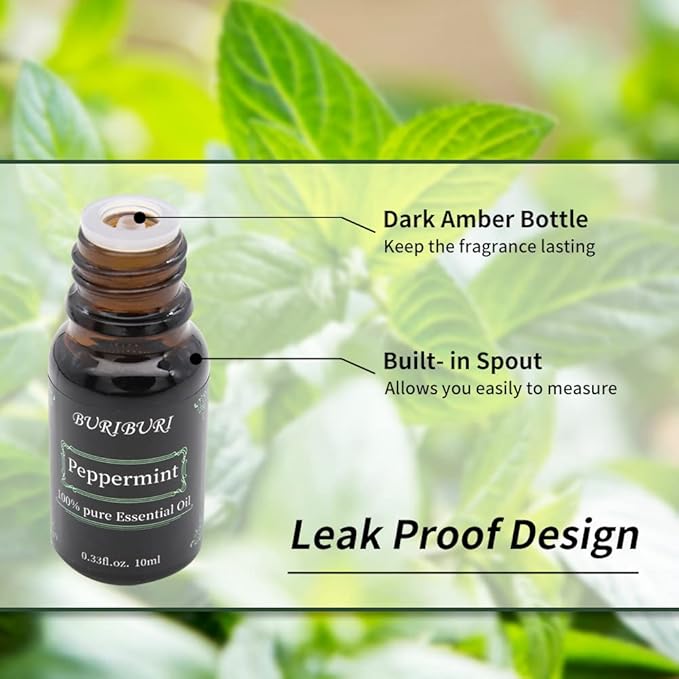 BURIBURI Peppermint Essential Oil 100% Pure, Undiluted, Natural, Organic Aromatherapy Mint Essential Oils 10ML for Diffuser, Soap Candle Making