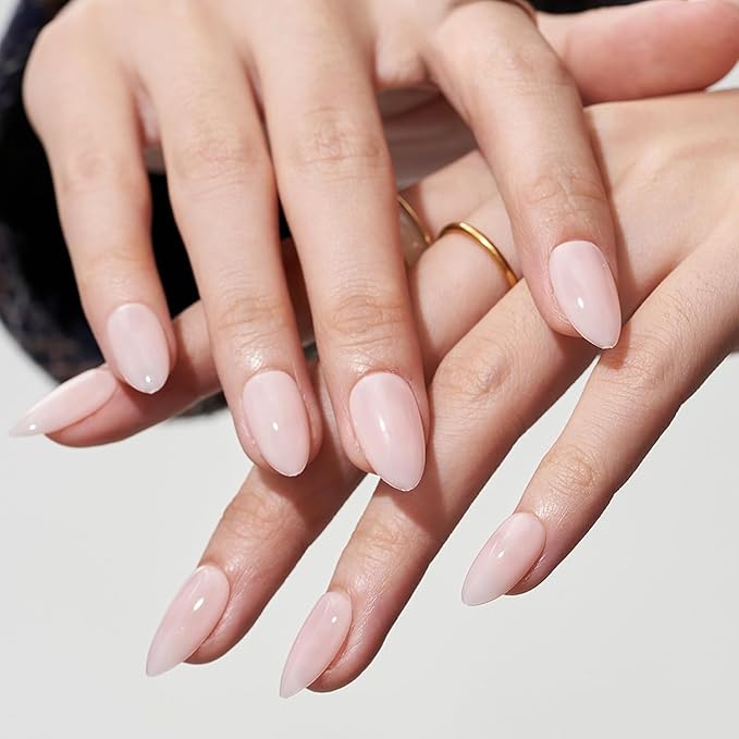 GLAMERMAID Nude Pink Eyes Press on Nails Short Almond, Beige Handmade Glossy Gel Fake Nail Kit, Light Pink Natural Glitter Magnetic Glue on Nail Stiletto, Medium Oval Stick on False Nail Set for Women