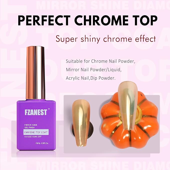 FZANEST Gel Top Coat 2 * 15ML No Wipe Diamond Top Coat Gel Nail Polish Clear High Glossy Mirror Shine Chrome Finish UV LED Long Lasting No Chipping Yellowing Salon Quality Home Use Beauty Gift