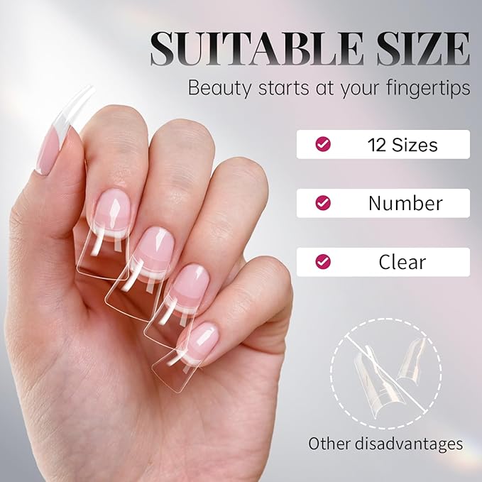 krofaue Duck Nail Tips - 240pcs Clear Soft Gel Curved Nail Tips 12 Sizes Crystal Duck Feet Style Half Cover False Nails Extra Wide French Nails with Box for DIY Salon