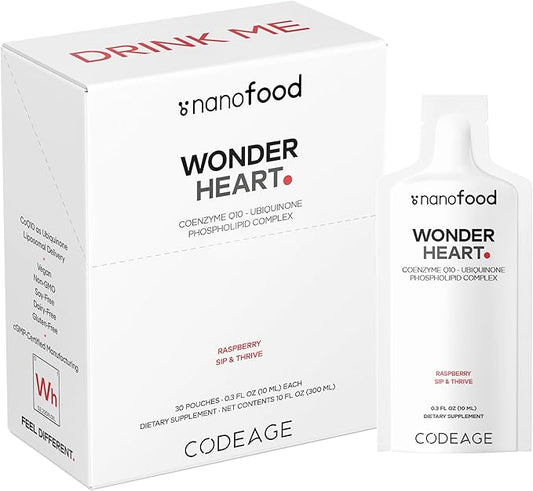 Codeage Wonder Heart Liquid CoQ10 Liposomal Ubiquinone Supplement, Coenzyme Q10 Heart Vitamins, Non-GMO Sunflower Phosphatidylcholine Vegan Blend, Raspberry Flavored Softgel, Pack of 30 Pouches