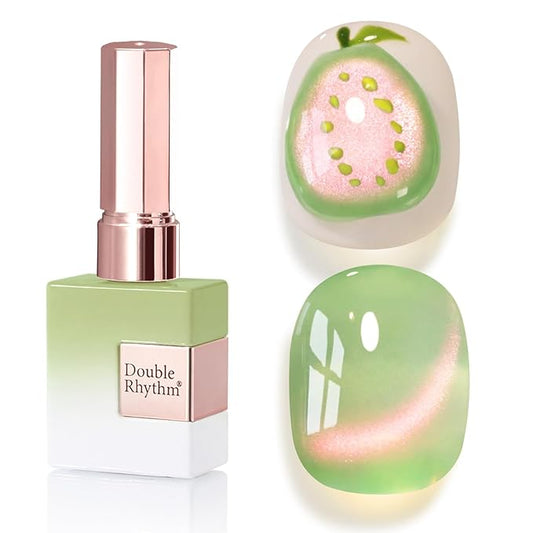 Double Rhythm 0.5 OZ Cat Eye Gel Polish with Magnet 15ML Holographic Glitter Shimmer Translucent Jelly Color Magnetic Nail Polish Salon DIY at Home (Pink Green-MC1215)