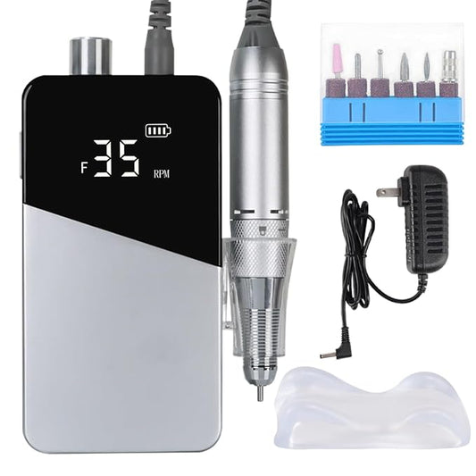 Electric Nail Drill Machine 35000RPM Professional Portable Nail File Cordless Rechargeable Nail Efile for Acrylic Gel Nails Manicure Pedicure Polishing Shape Tools for Salon (Silver)