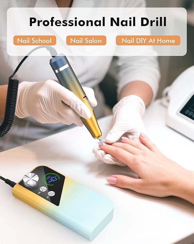 Nail Drill 40000RPM - Rechargeable Nail File with Bits, Professional E-Filer for Acrylic Nails, Gel Polishing, Manicure & Pedicure E File with Large HD LCD Screen - M96 Yellow