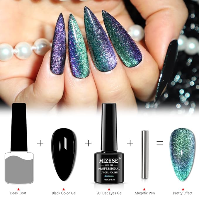 MIZHSE 2 In 1 9D Cat Eye Gel Nail Polish Kit, Upgraded Magnetic Gel Polish Set with Magnet, Shiny Chameleon Magic Galaxy Effect Soak Off Gel Nail Art Gift for Women