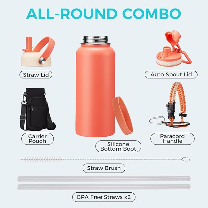 Insulated Water Bottle 32oz with Straw - Pop-up Spout Lid, Paracord Handle, Strap Shoulder Carrier, Protective Boot, Wide Mouth Triple Walled Vacuum Stainless Steel Water Flask for Men Women Gym