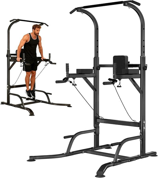 Pull Up Bar and Dip Station Power Tower, Adjustable Height Strength Training Equipment for Home Gym, Multi-Function Workout Machine