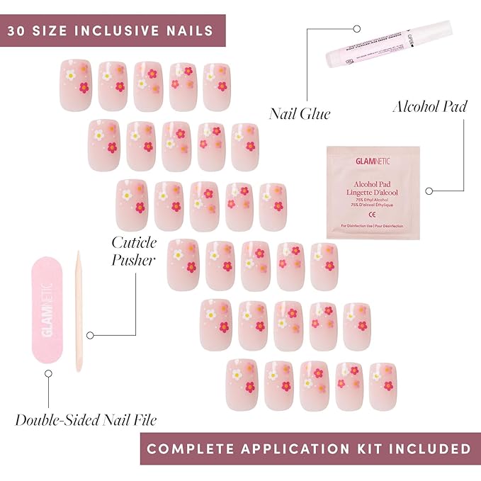 Glamnetic Press On Nails - Pretty Bloom | Glossy, Semi-Transparent Short Squoval Nails with Flower Accents, Salon Quality | 15 Sizes - 30 Nail Kit with Glue
