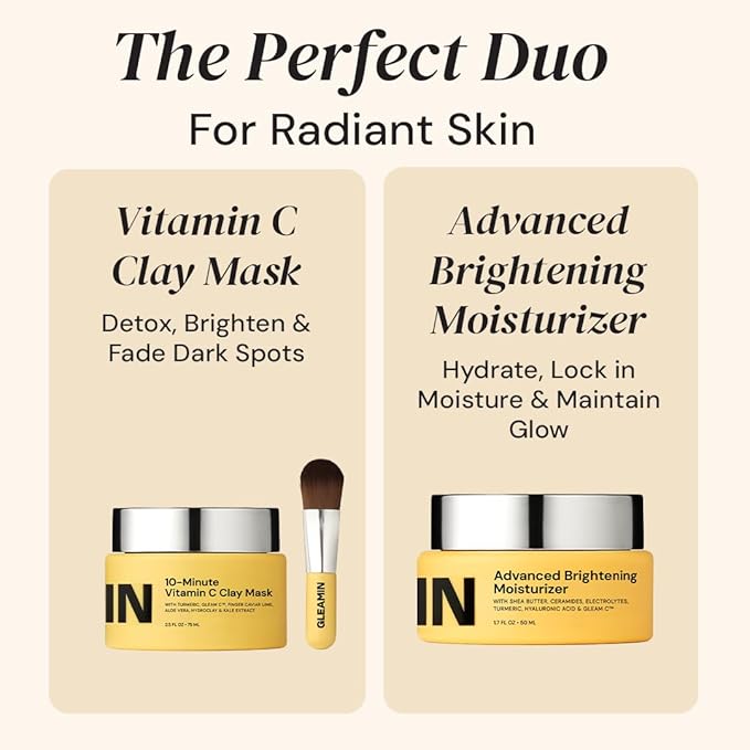 Gleamin Brightening Duo – Vitamin C Clay Mask & Advanced Brightening Moisturizer for Dark Spots, Uneven Tone & Glowing Skin
