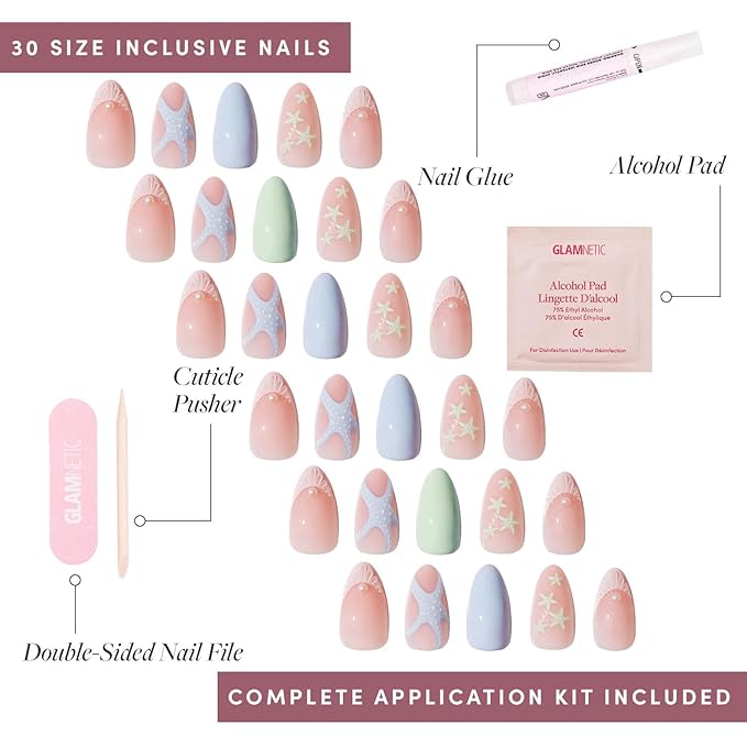 Glamnetic Press On Nails - Salty Waves | Short Almond Starfish Fake Nails with 3D Nail Art, Salon Quality Summer Nails | 15 Sizes - 30 Nail Kit with Glue