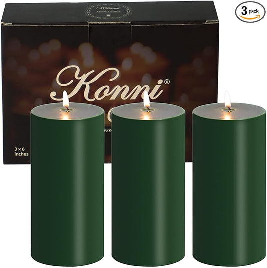 KONNI Navy Green Pillar Candles Set of 3, 3"x 6" Unscented Pillar Candles Bulk, 56 Hours Long Burning Candles, Smokeless&Dripless Large Round Candle for Wedding, Home Decoration, Parties, Spas, Dinner