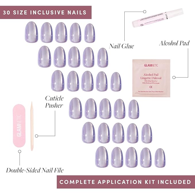 Glamnetic Press On Nails - Mermaid's Tail | Short Oval Purple Cat Eye Fake Nails with a Velvet Finish, Salon Quality Summer Nails | 15 Sizes - 30 Nail Kit with Glue